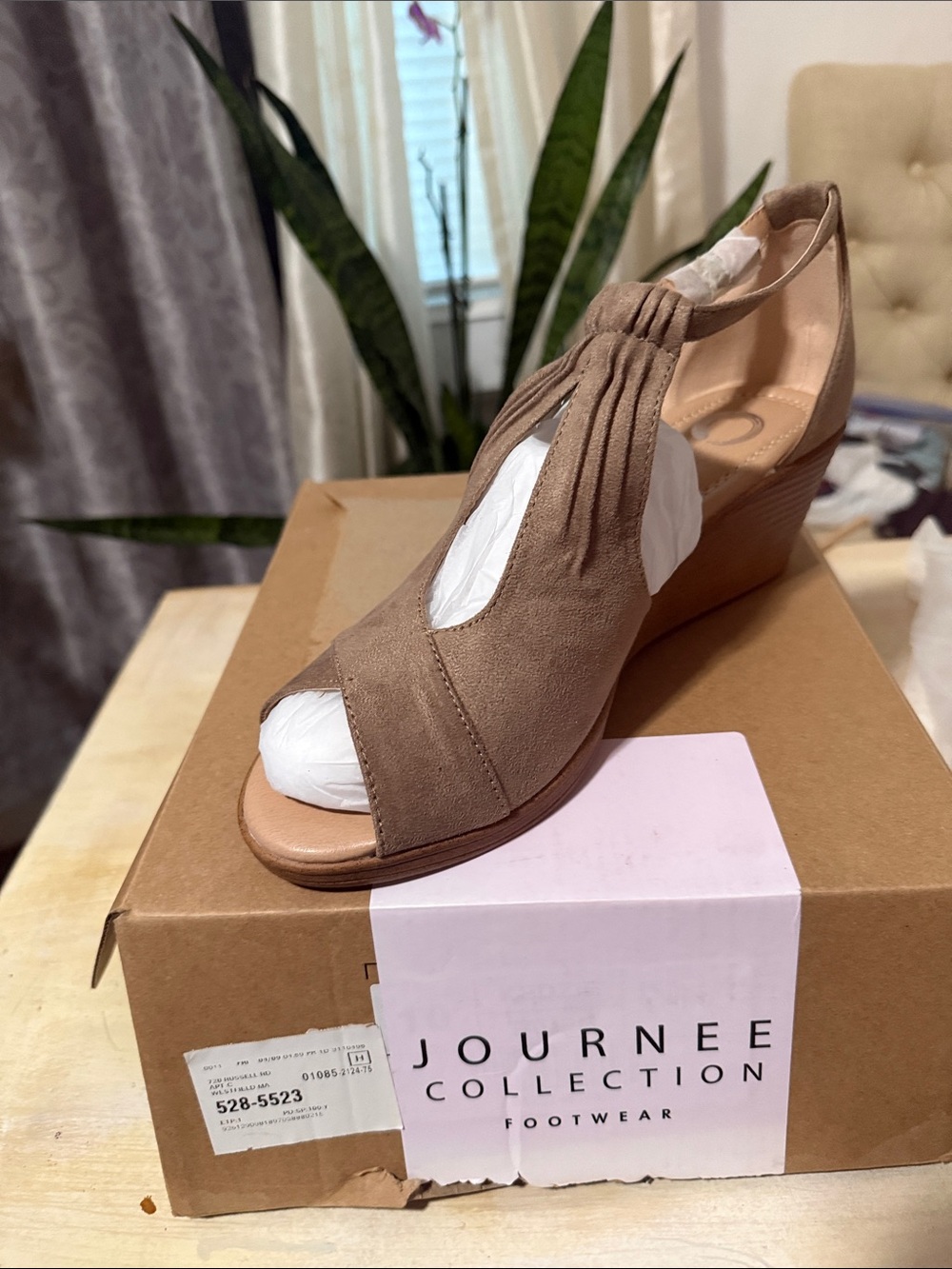 Journee Collection Taupe Suede-Look Peep Toe Wedge Sandals 10